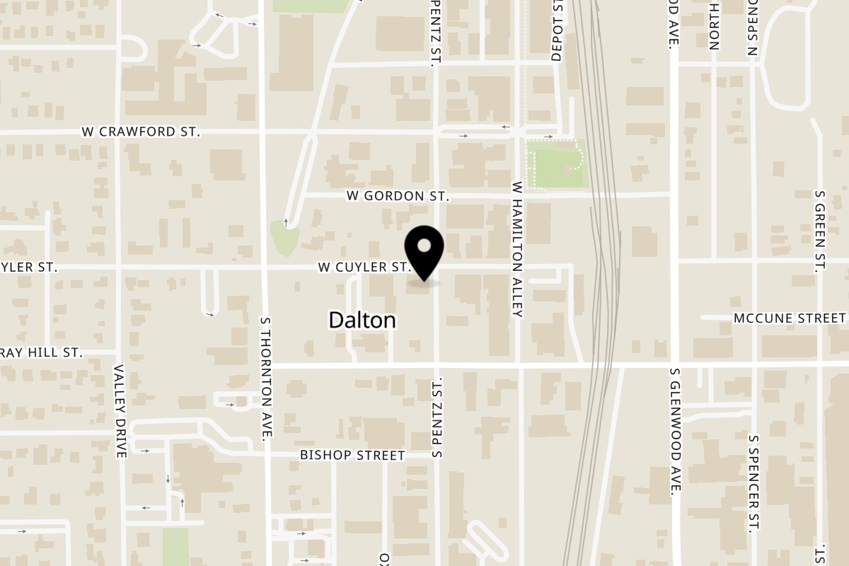 Map showing the location of Oakwood Cafe on 201 W Cuyler St in Dalton